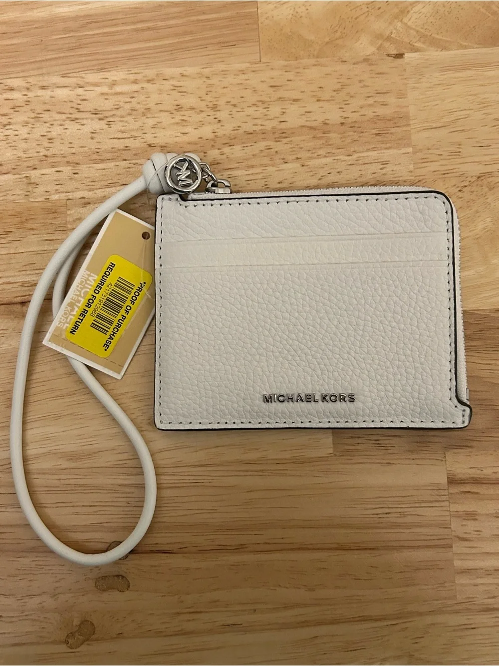 Michael Kors White Pebbled Leather Zip Card Case with MK Charm